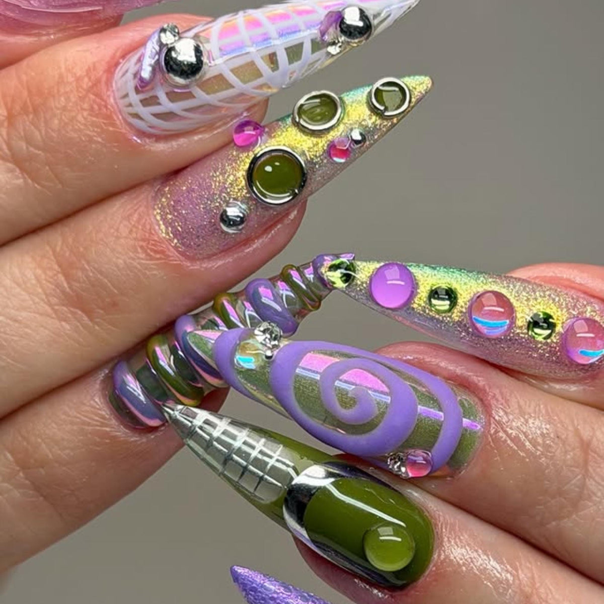 Purple Futuristic Press On Nails, Chrome Y2K Cyber Nail Set,  Alien Abstract Nails