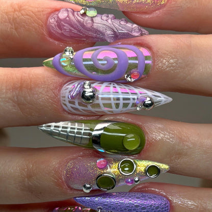 Purple Futuristic Press On Nails, Chrome Y2K Cyber Nail Set,  Alien Abstract Nails