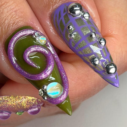 Purple Futuristic Press On Nails, Chrome Y2K Cyber Nail Set,  Alien Abstract Nails