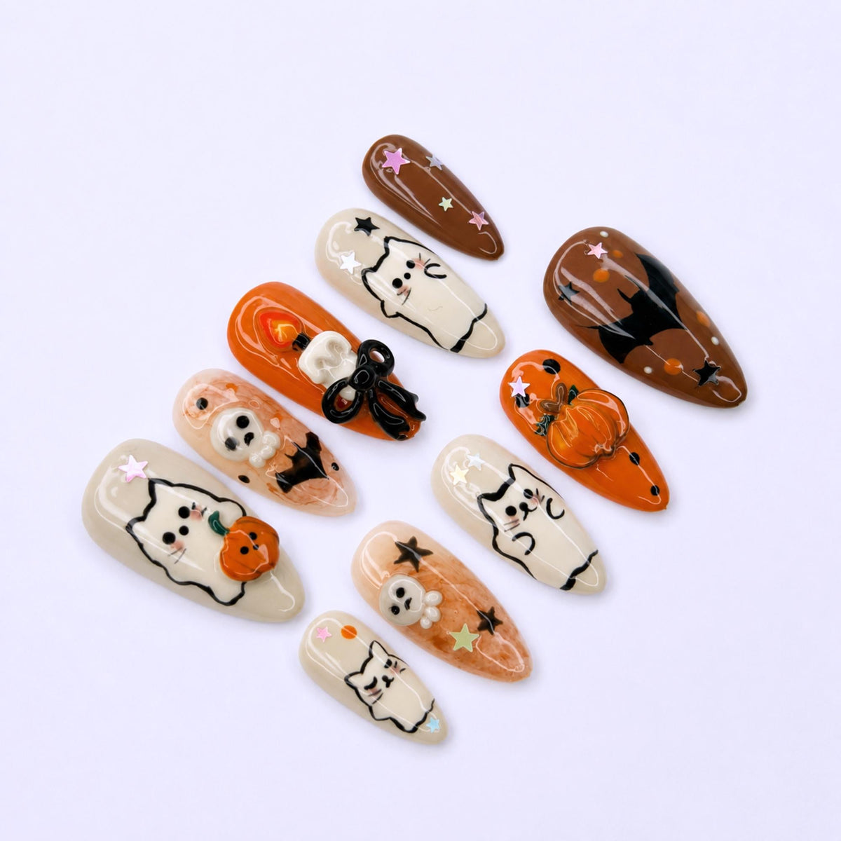 Halloween Press On Nails with Cute Ghost Cat , 3D Pumpkin Nail Art , Handmade Fall Nails for Halloween Party , Press On Nails set | JB472WG