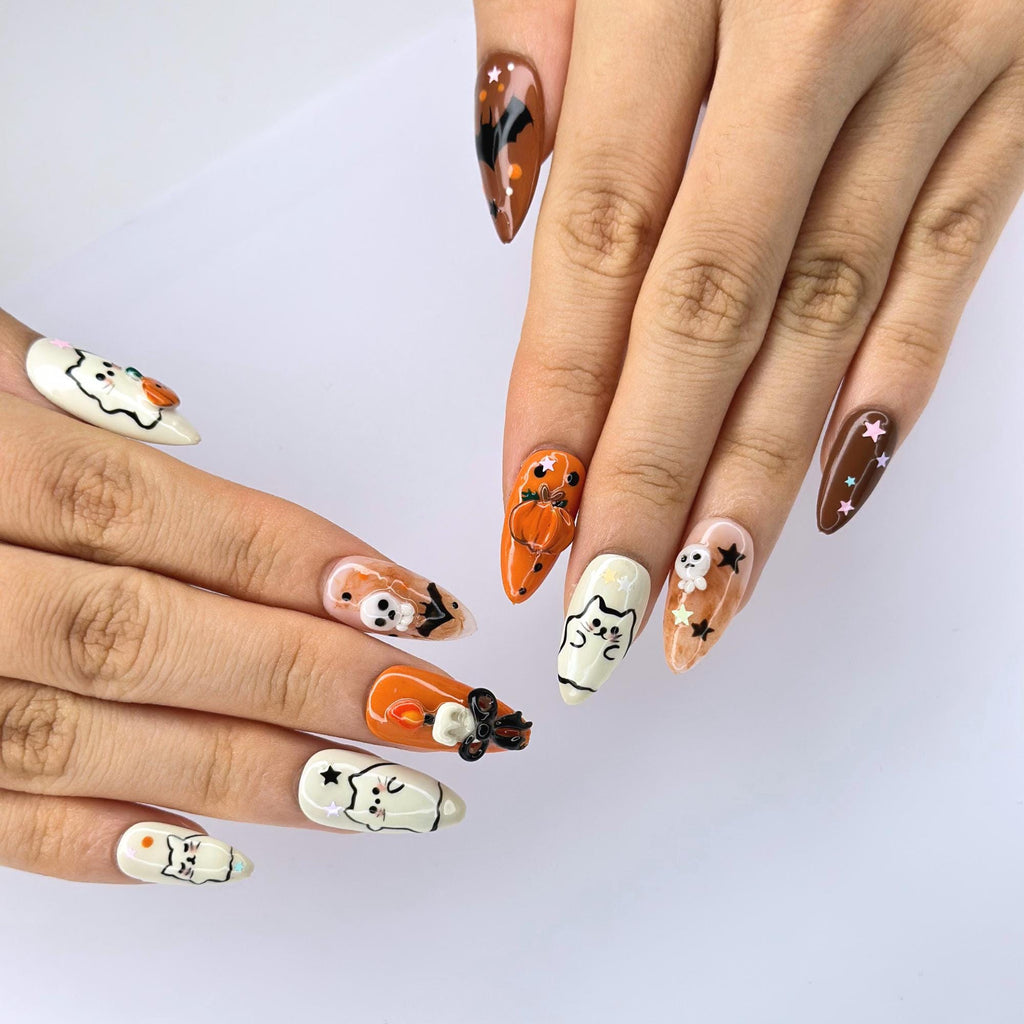 Halloween Press On Nails with Cute Ghost Cat , 3D Pumpkin Nail Art , Handmade Fall Nails for Halloween Party , Press On Nails set | JB472WG
