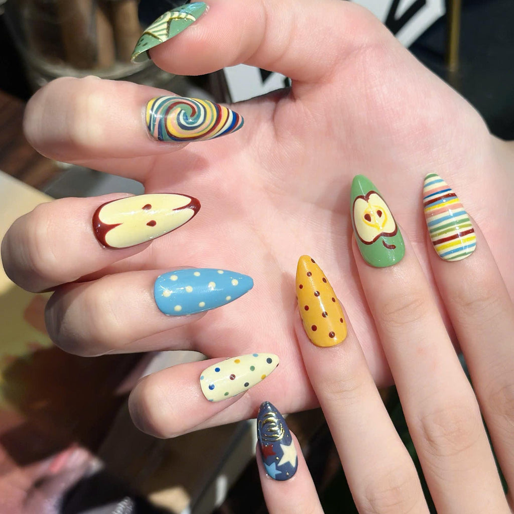 Autumn Press On Nails with Retro Apple & Plaid , Handmade Vintage Fake Nails in Almond Shape , Cute Fall Nail Art for Everyday | JC473UC