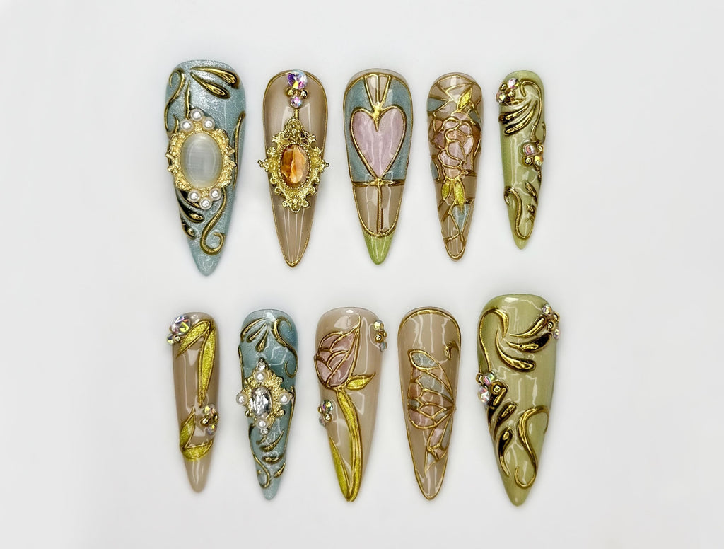 Baroque Stained Glass Press On Nails | Vintage Luxury Heart Nails | Handmade Victorian Aesthetic Nails | Handmade Stiletto Press Ons|JB311HC