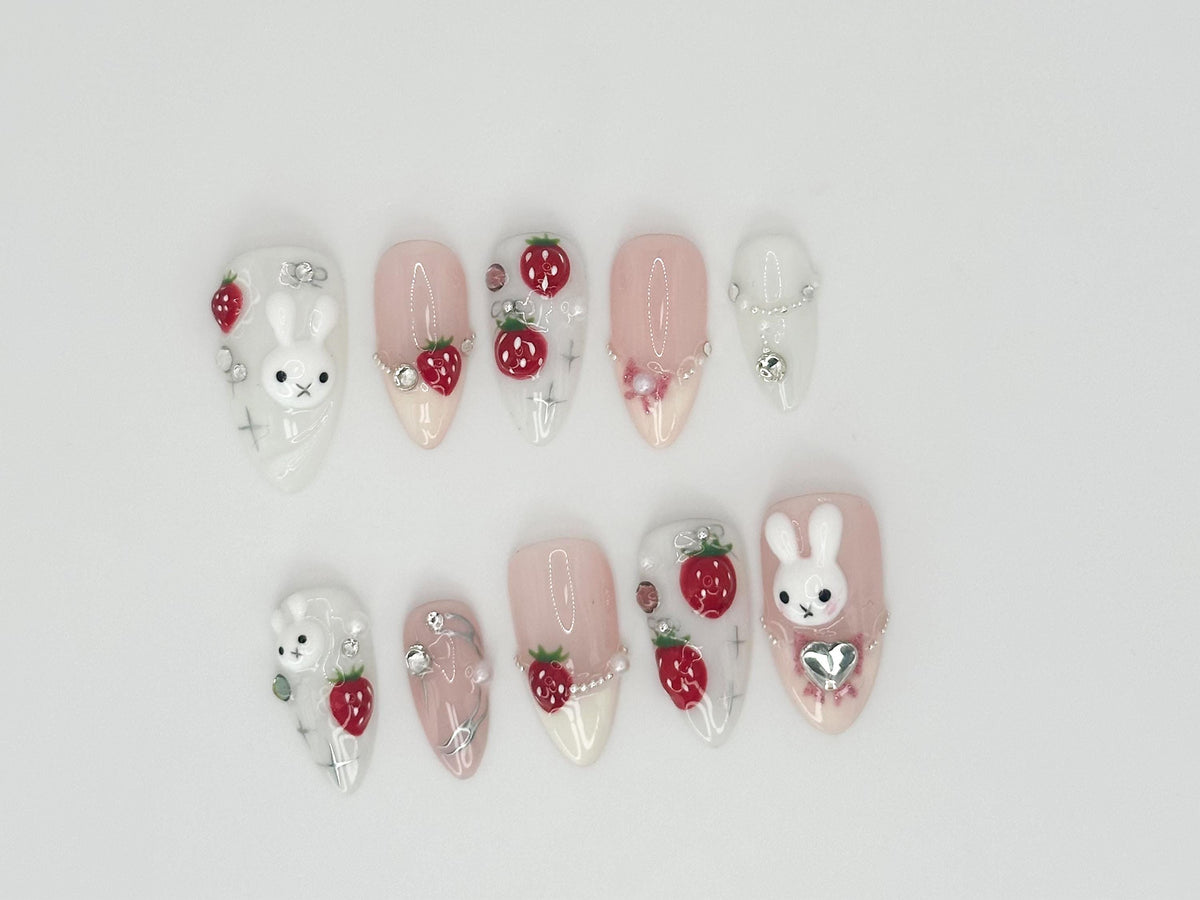 Kawaii Bunny & Strawberry Press On Nails - 3D Handmade Cute Nail Art - Y2K Aesthetic - JC664DC