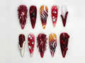 Pomegranate Lava Press On Nails | Deep Red Chrome Fruit Nails | 3D Pearl Fire Nail Art | Garnet Gradient Press Ons | Artistic Red | JB858HK