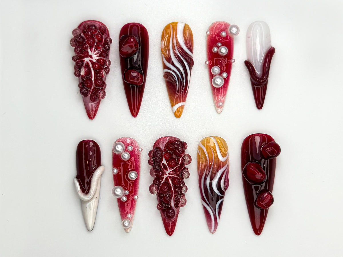 Pomegranate Lava Press On Nails | Deep Red Chrome Fruit Nails | 3D Pearl Fire Nail Art | Garnet Gradient Press Ons | Artistic Red | JB858HK