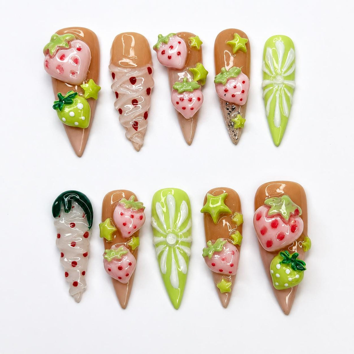 Kawaii Strawberry Press On Nails | Handmade Fruit Nails, Green Bow Nails, Y2K Cute Nails, Salon Quality Reusable Nailsr  | JB432LG