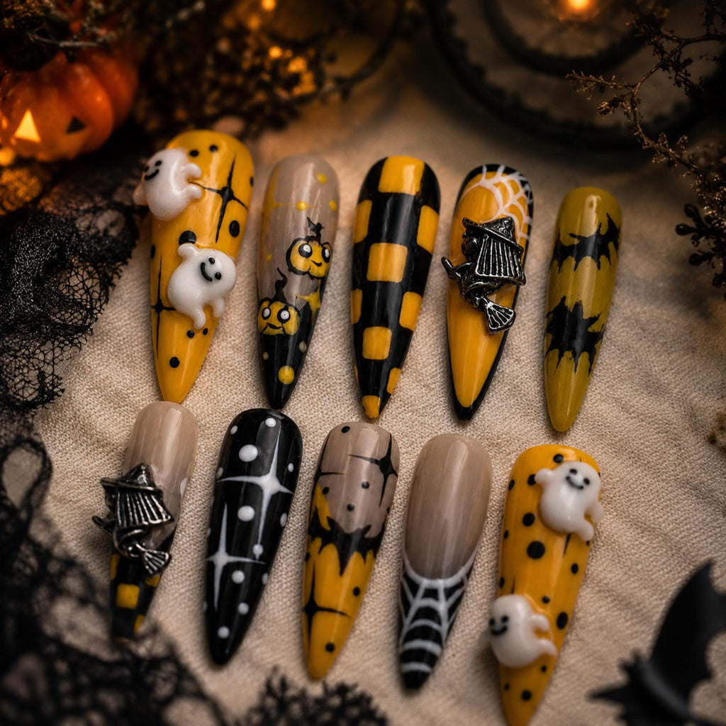 Halloween Ghost Press On Nails, Witch Broom Pumpkin Nail Set, Spooky Checkerboard Nails