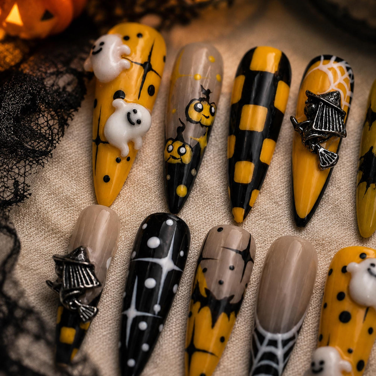 Halloween Ghost Press On Nails, Witch Broom Pumpkin Nail Set, Spooky Checkerboard Nails