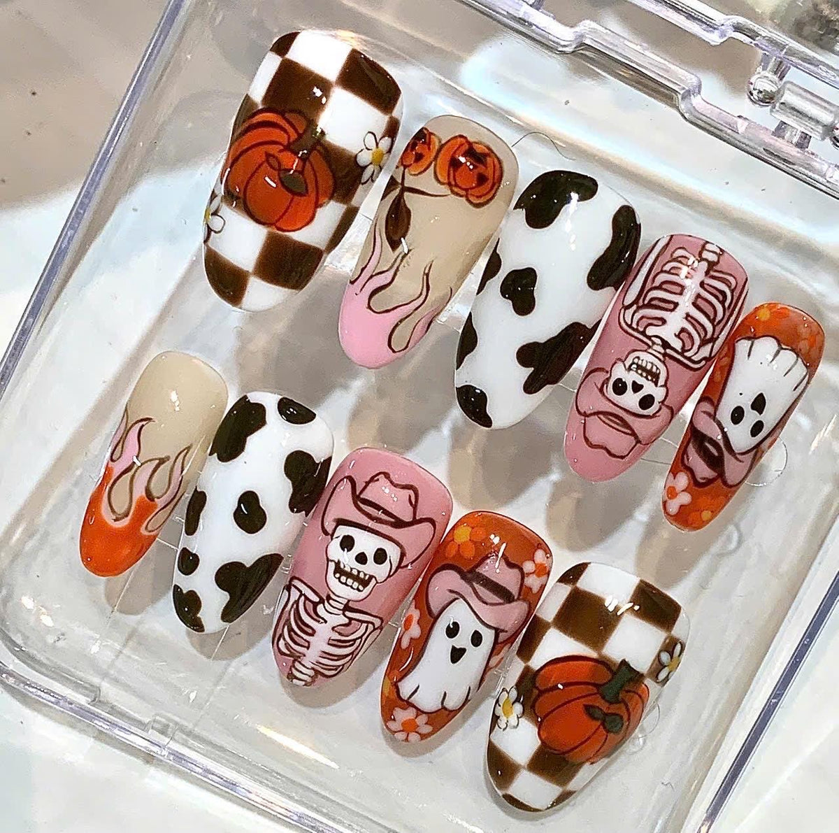 Cowgirl Halloween Press On Nails | Ghost, Pumpkin, Skeleton, Cow Print Designs