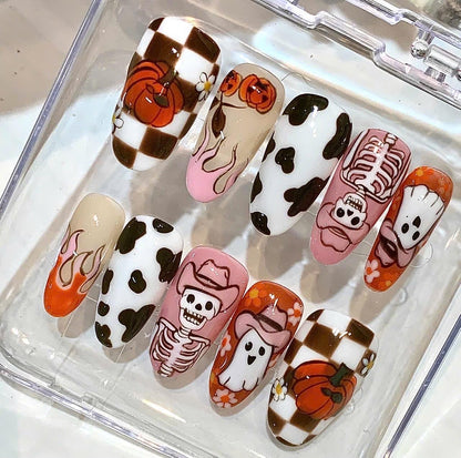 Cowgirl Halloween Press On Nails | Ghost, Pumpkin, Skeleton, Cow Print Designs