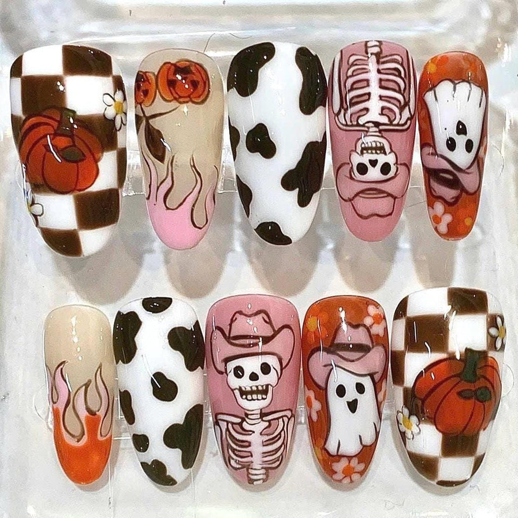 Cowgirl Halloween Press On Nails | Ghost, Pumpkin, Skeleton, Cow Print Designs