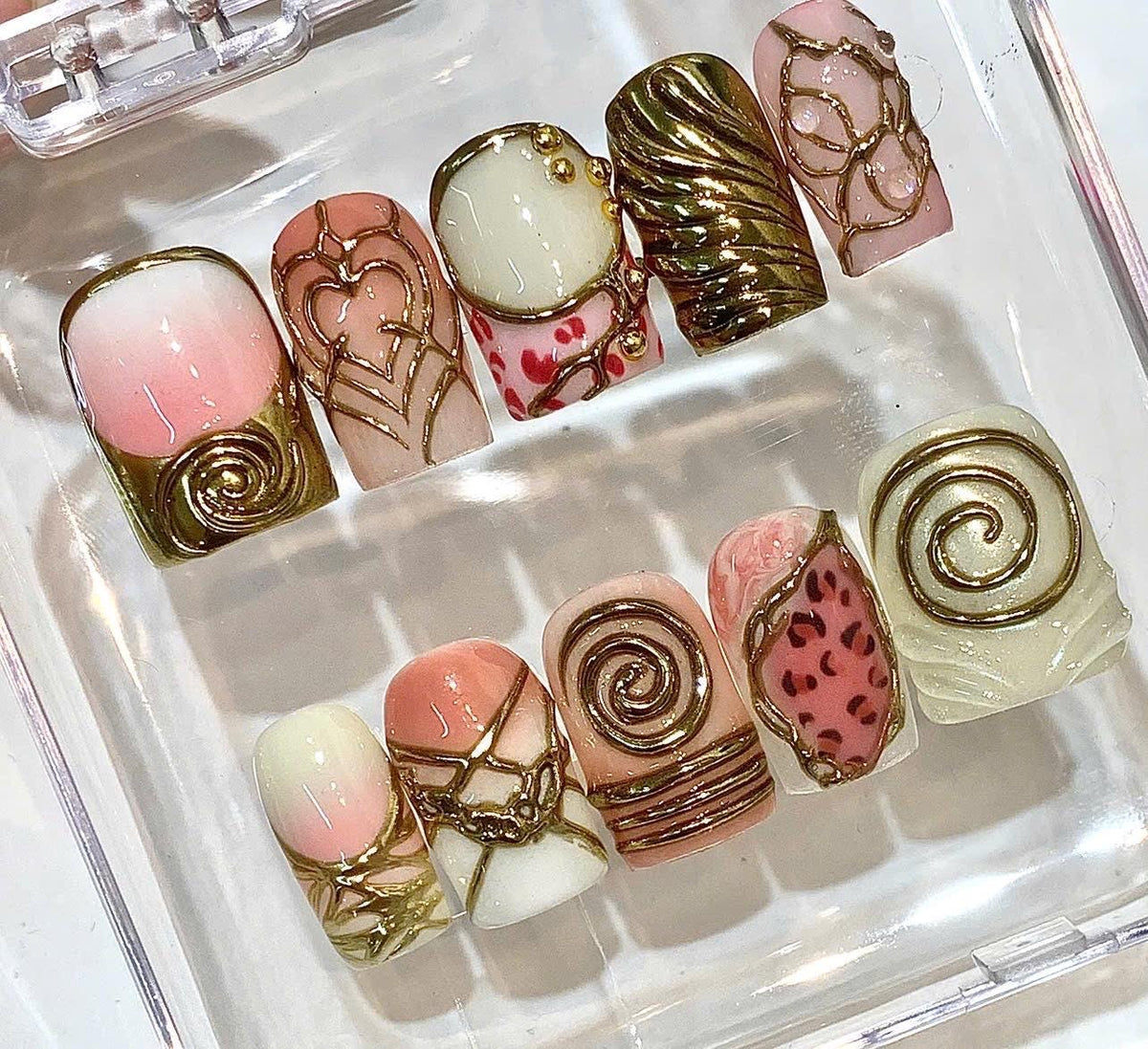Chocolate Swirl Press On Nails | Coquette Heart Gold Chrome Fake Nails