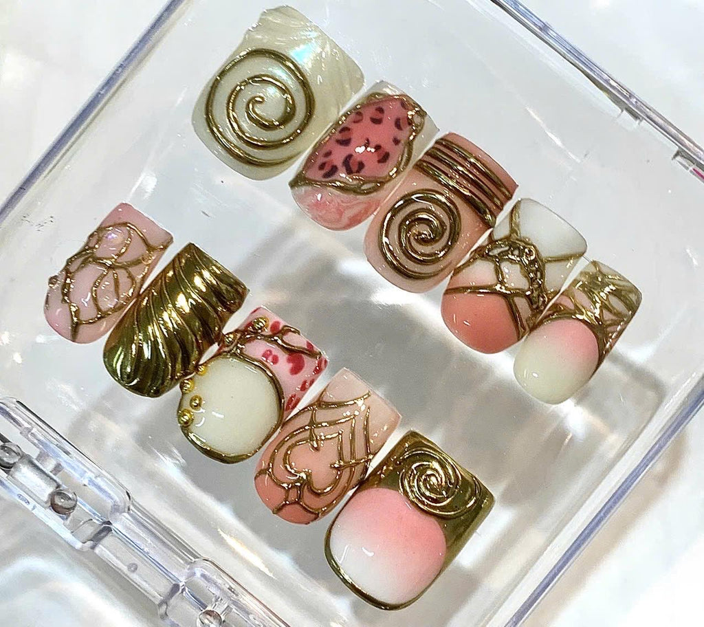 Chocolate Swirl Press On Nails | Coquette Heart Gold Chrome Fake Nails