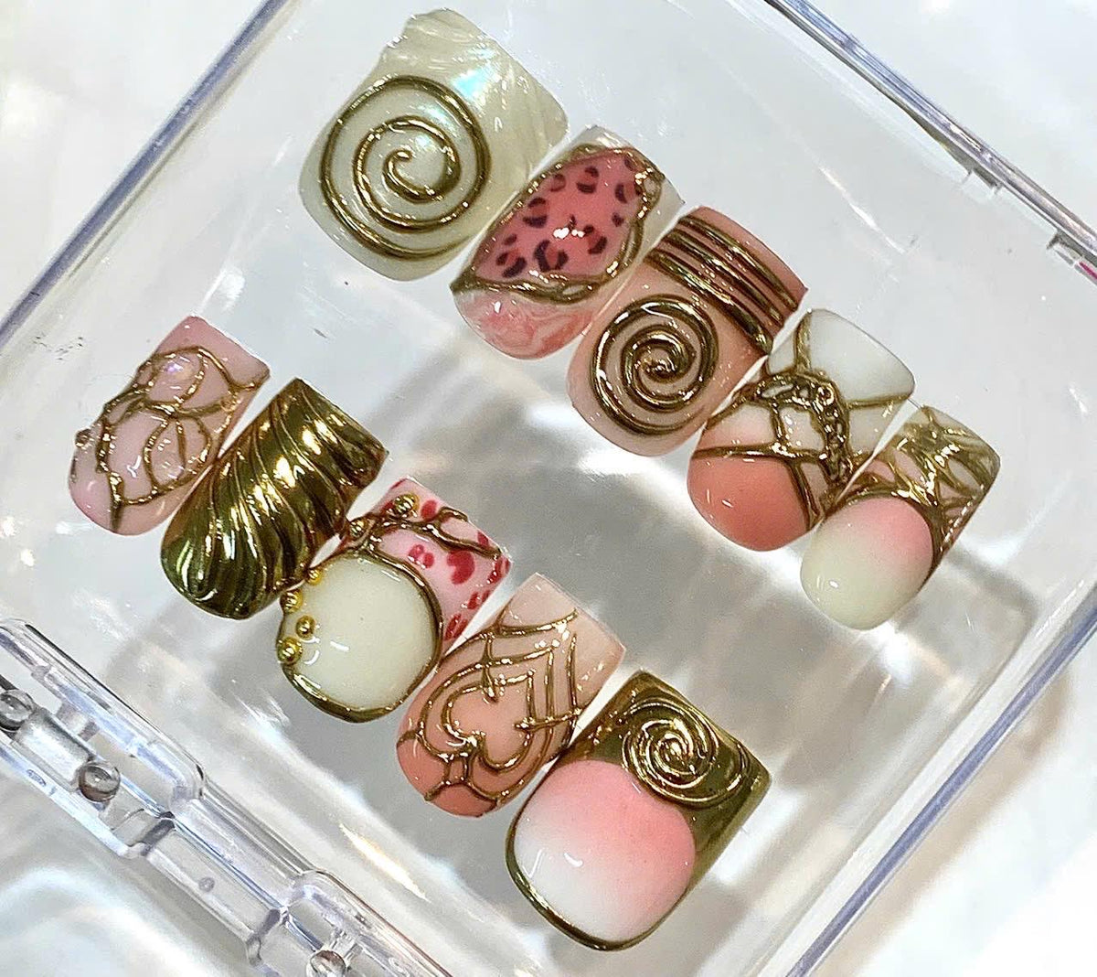 Chocolate Swirl Press On Nails | Coquette Heart Gold Chrome Fake Nails