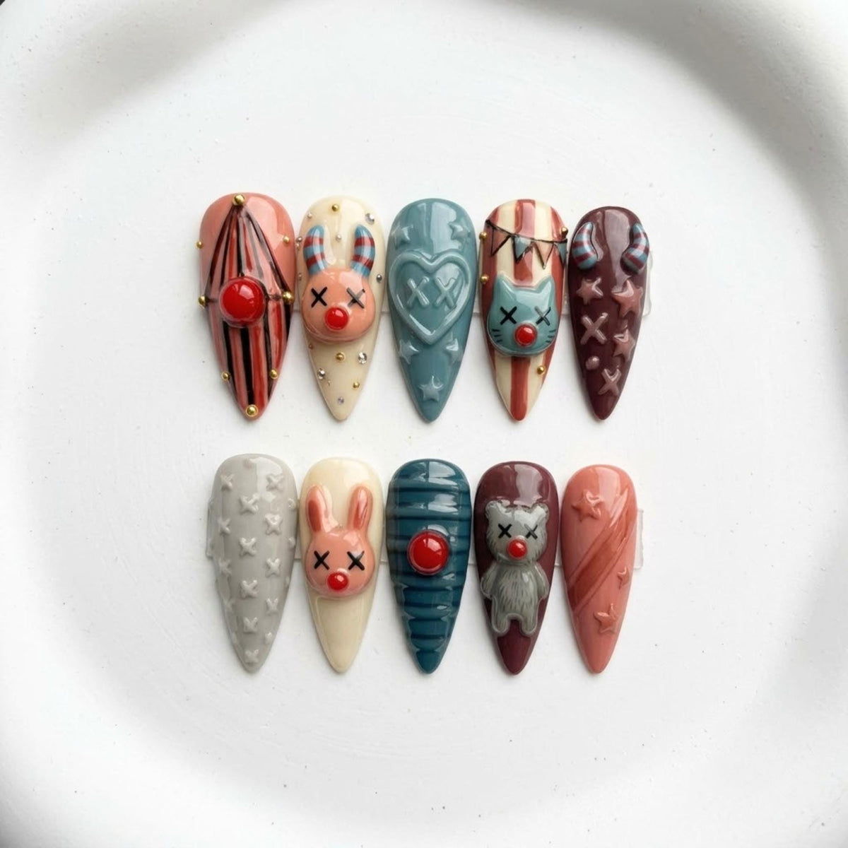 Creepy Circus Press On Nails | Carnival Doll Inspired | Pastel Gothic Stiletto Nails | Bunny, Clown, Heart Nail | 3D Hand Painted Art