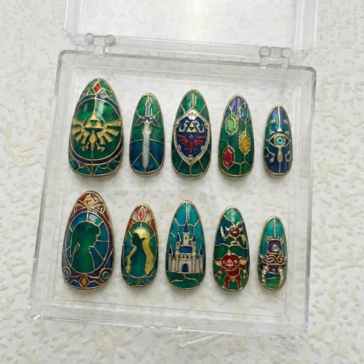 Fantasy Gamer Press On Nails | Legend Of Zelda Vibe | Classic Stained Almond Nails | Castle Rupee Motif Nail | Gold Border Glass Art Nail