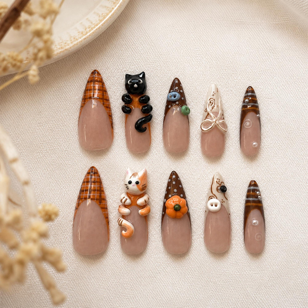 Cozy Fall Press On Nails, 3D Cat Autumn Nails, Brown Plaid Pumpkin Design