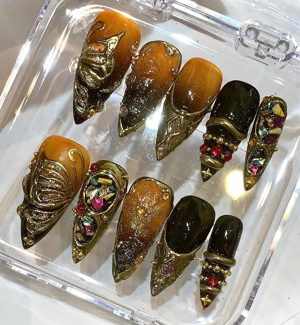Gothic Butterfly Stiletto Press On Nails, Black Bronze 3D Maximalist Statement False Nails