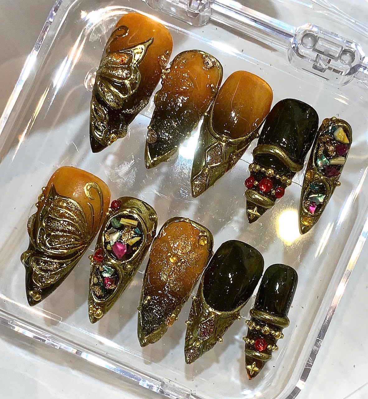 Gothic Butterfly Stiletto Press On Nails, Black Bronze 3D Maximalist Statement False Nails