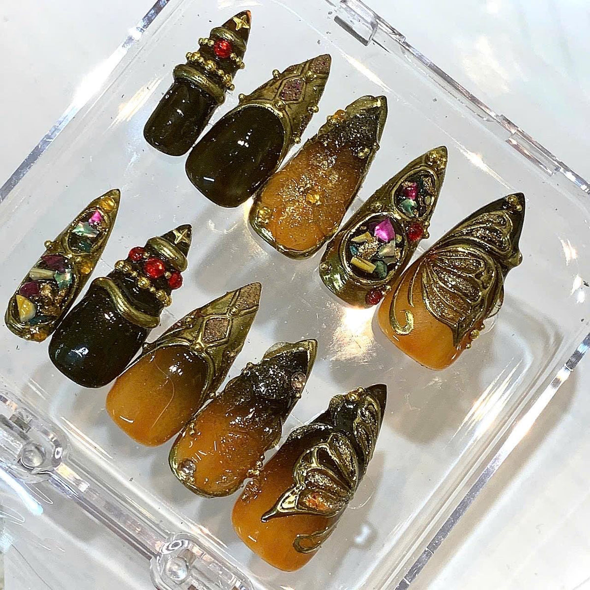 Gothic Butterfly Stiletto Press On Nails, Black Bronze 3D Maximalist Statement False Nails