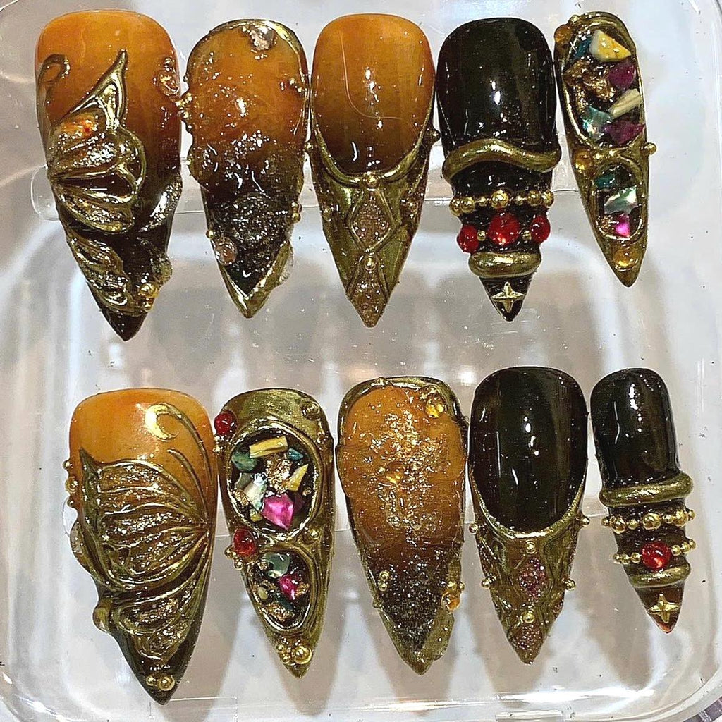 Gothic Butterfly Stiletto Press On Nails, Black Bronze 3D Maximalist Statement False Nails