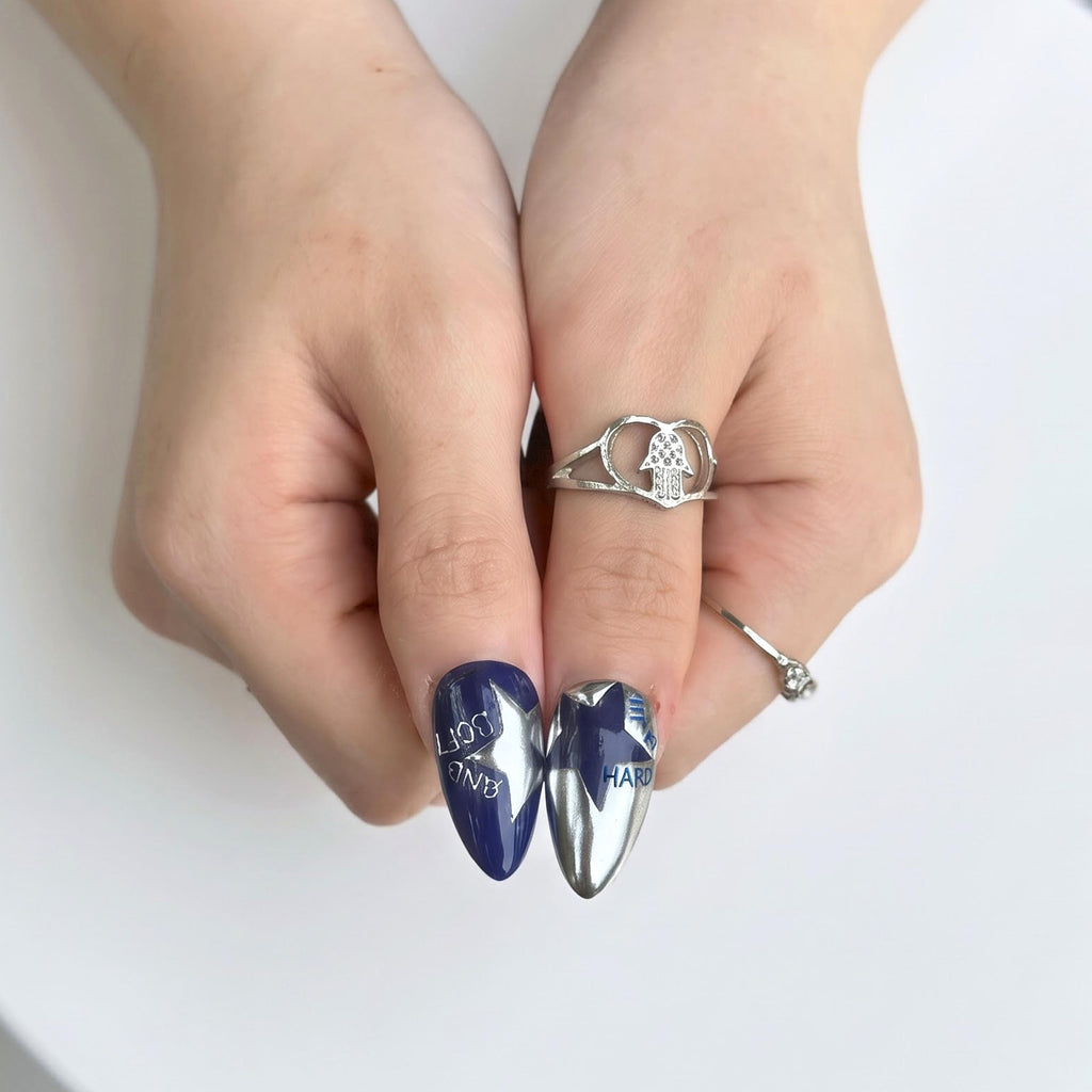 Electric Blue Press On Nails with Chrome Star, Dark Pop Concert Fake Nails in Almond Shape, Handmade Metallic Nail Art for Festival JB474UC