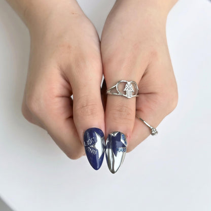 Electric Blue Press On Nails with Chrome Star, Dark Pop Concert Fake Nails in Almond Shape, Handmade Metallic Nail Art for Festival JB474UC