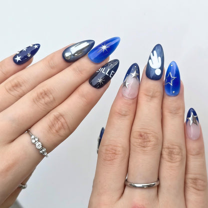 Electric Blue Press On Nails with Chrome Star, Dark Pop Concert Fake Nails in Almond Shape, Handmade Metallic Nail Art for Festival JB474UC