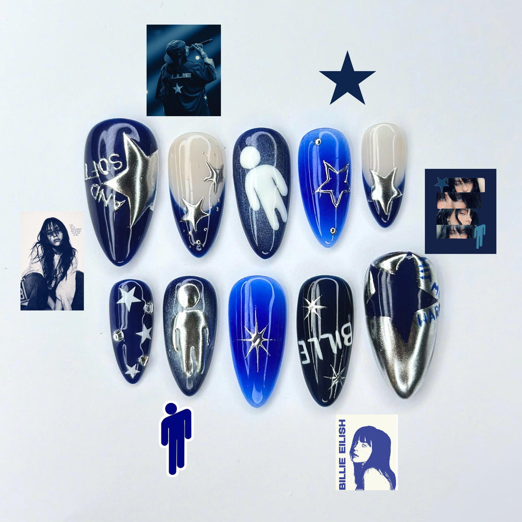 Electric Blue Press On Nails with Chrome Star, Dark Pop Concert Fake Nails in Almond Shape, Handmade Metallic Nail Art for Festival JB474UC