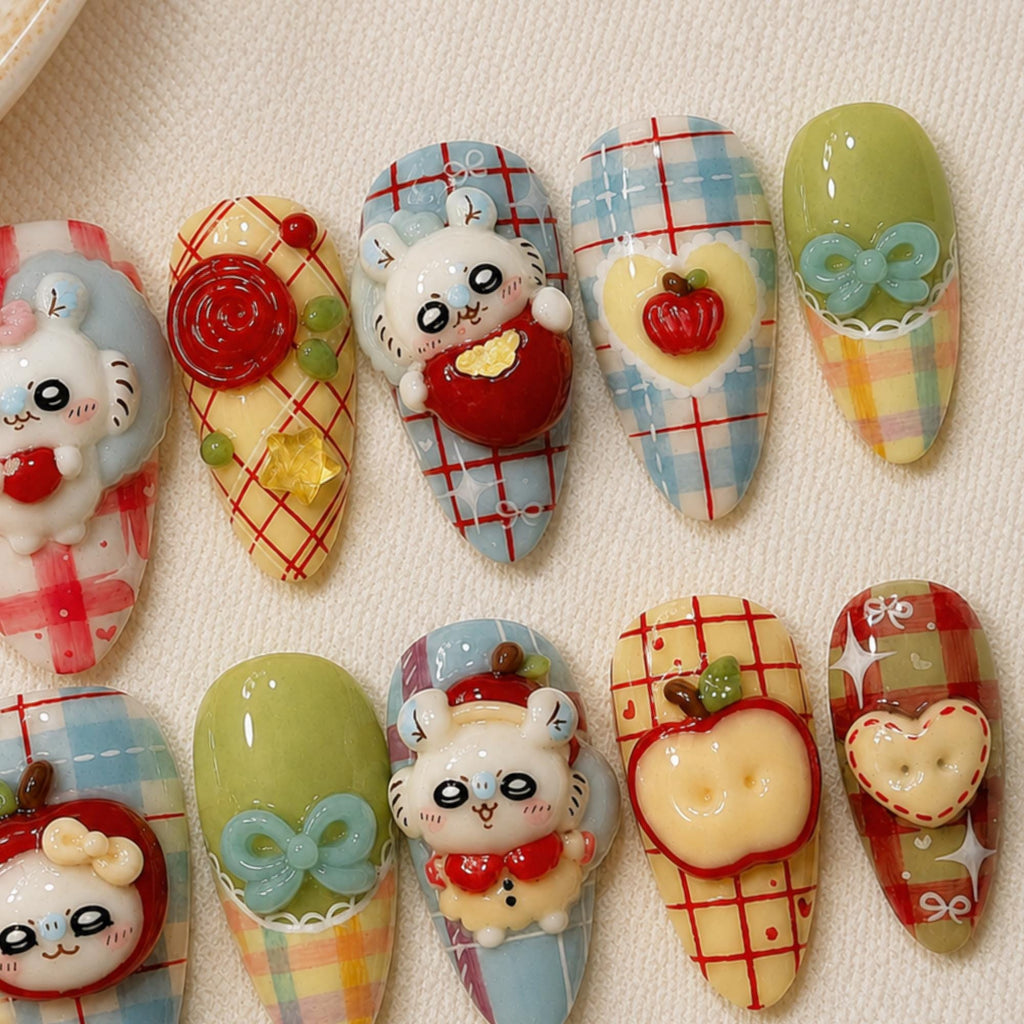 3D Kawaii Bunny Press On Nails, Cute Apple Plaid Fall Nail Set