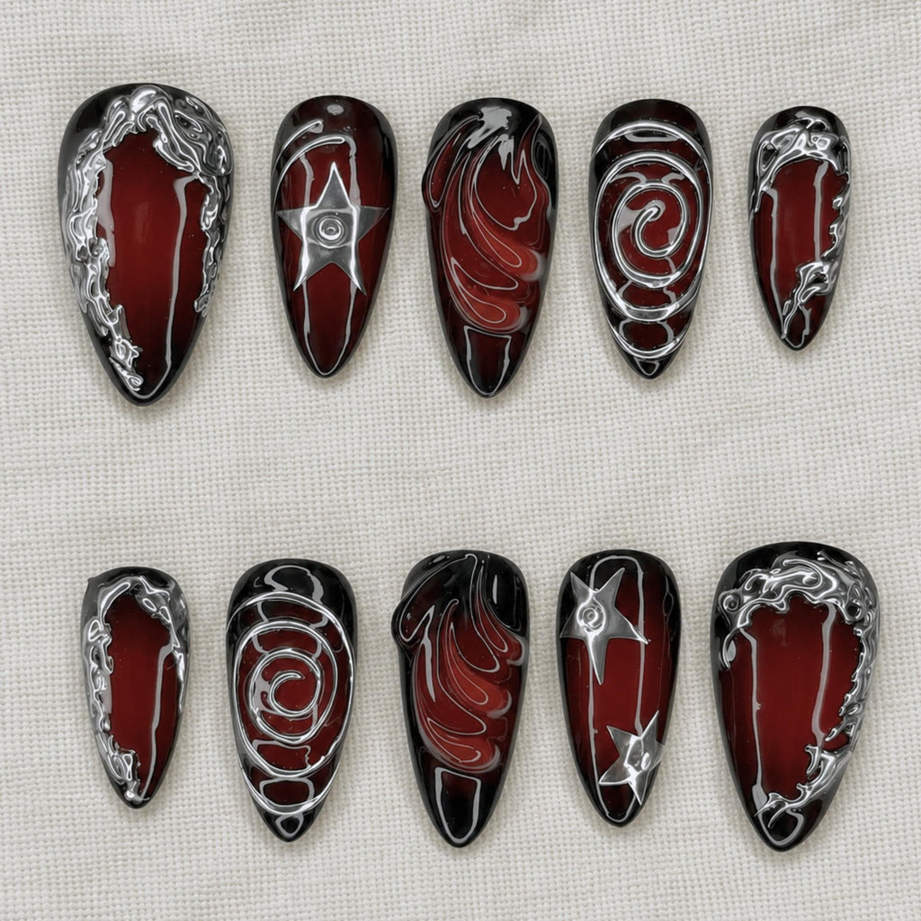 Dark Red Press On Nails, Silver Chrome Gothic Aura Nails, Y2K Abstract Nail Set