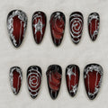 Dark Red Press On Nails, Silver Chrome Gothic Aura Nails, Y2K Abstract Nail Set