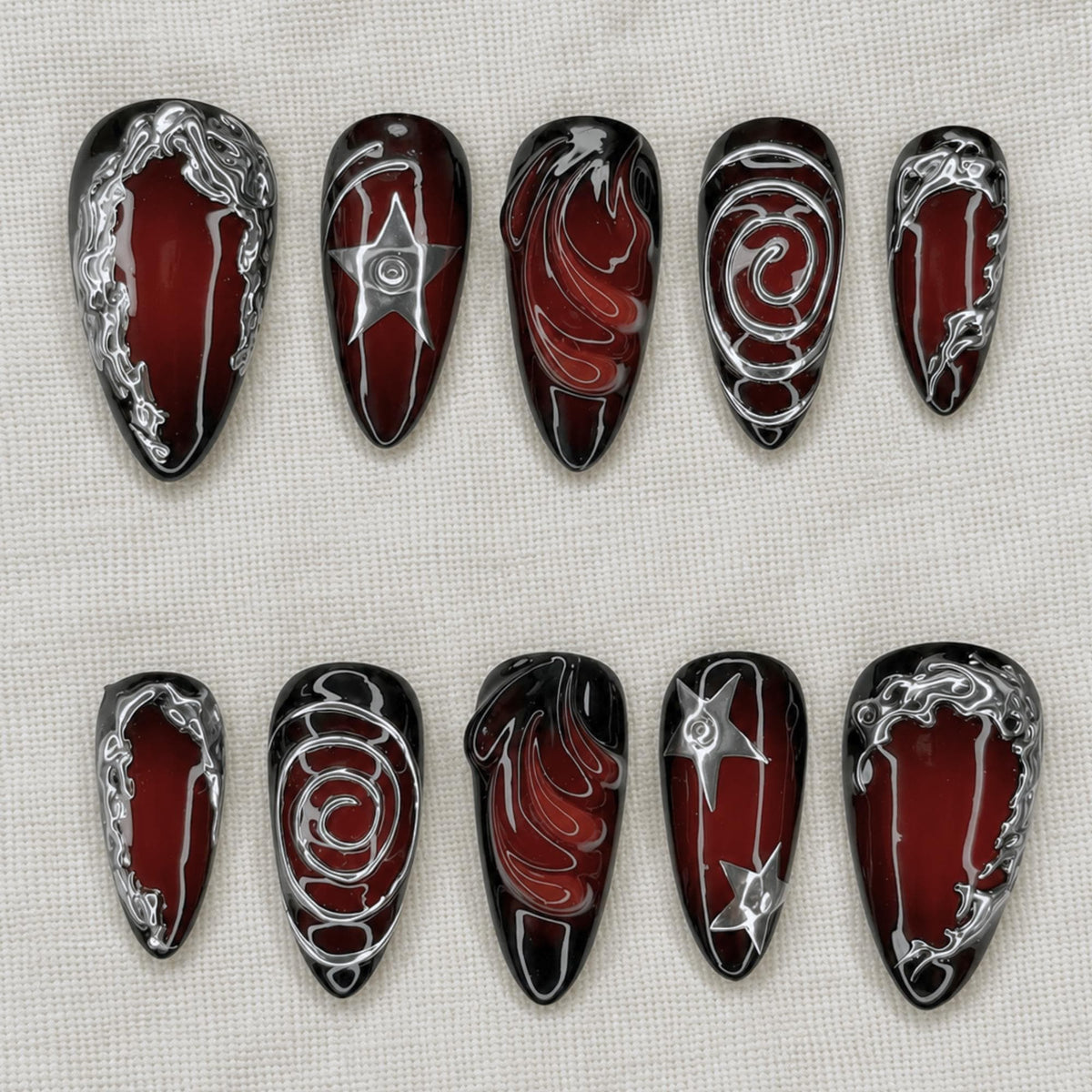 Dark Red Press On Nails, Silver Chrome Gothic Aura Nails, Y2K Abstract Nail Set