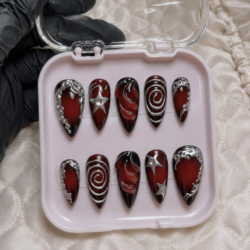Dark Red Press On Nails, Silver Chrome Gothic Aura Nails, Y2K Abstract Nail Set