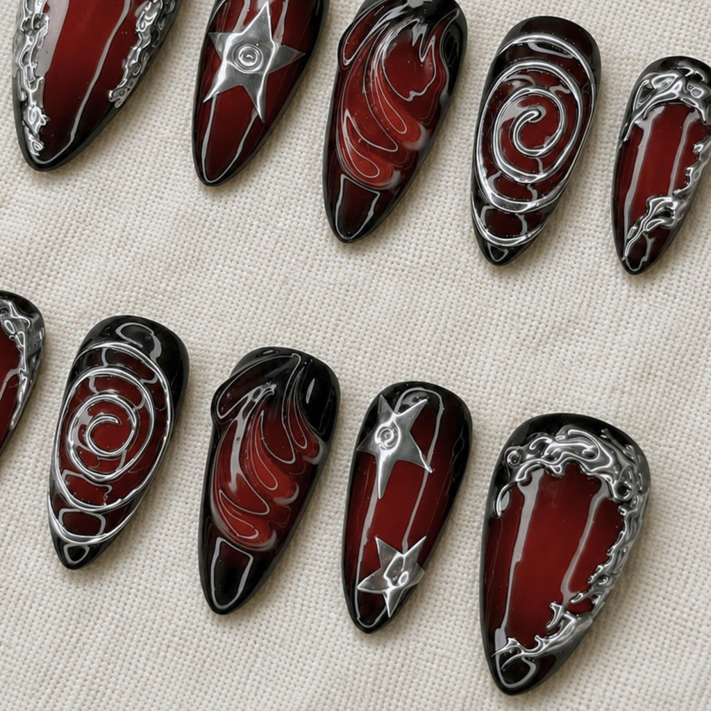 Dark Red Press On Nails, Silver Chrome Gothic Aura Nails, Y2K Abstract Nail Set