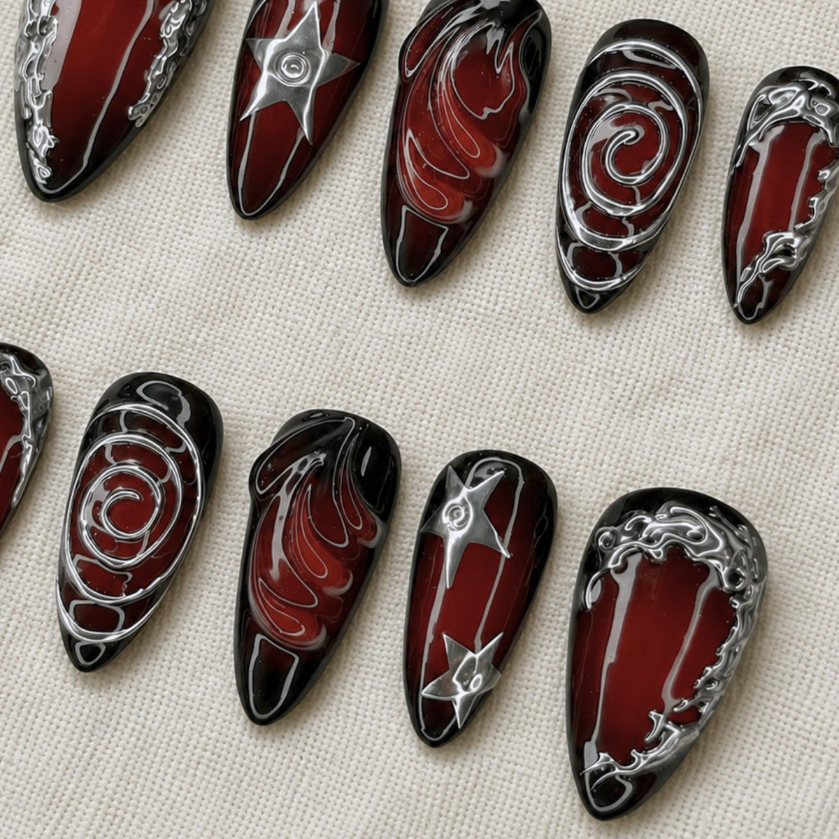 Dark Red Press On Nails, Silver Chrome Gothic Aura Nails, Y2K Abstract Nail Set
