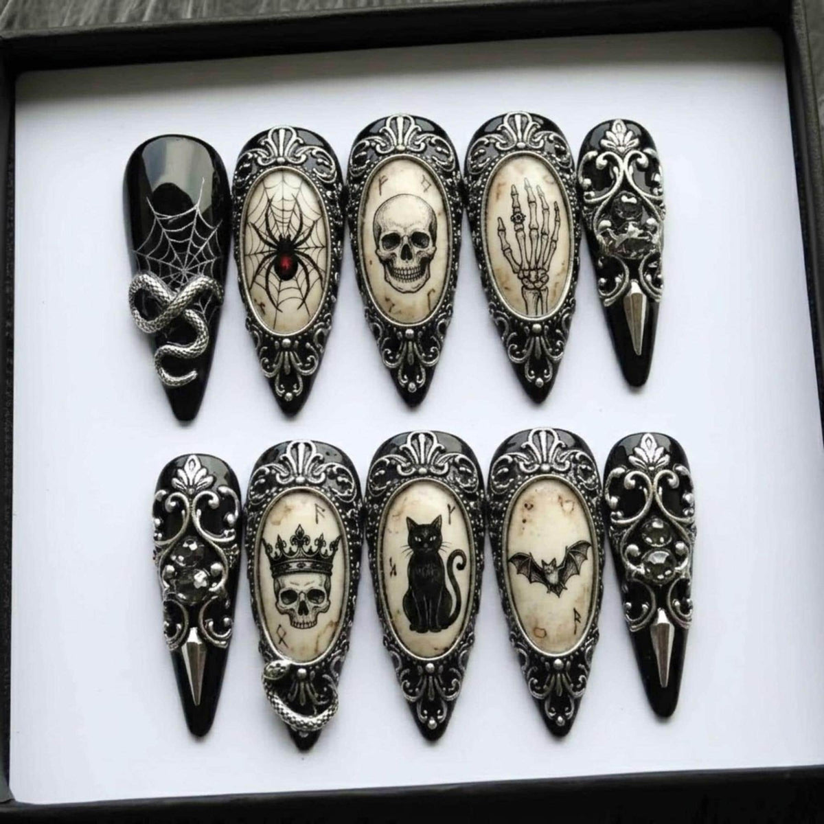 Gothic Victorian Press On Nails | Haunted Relic Inspired | Black Stiletto Nails | Skull, Spider, Bat, Snake Nail | Hand Painted Art