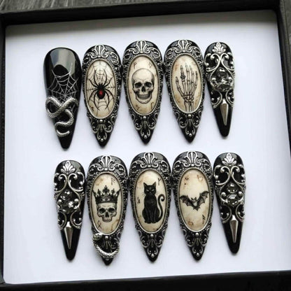 Gothic Victorian Press On Nails | Haunted Relic Inspired | Black Stiletto Nails | Skull, Spider, Bat, Snake Nail | Hand Painted Art