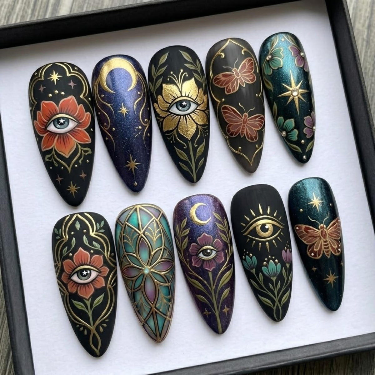 Mystic Celestial Press On Nails | Tarot Garden Inspired | Boho Stiletto Nails | Evil Eye, Moth, Floral Nail | Gold Hand Painted Art