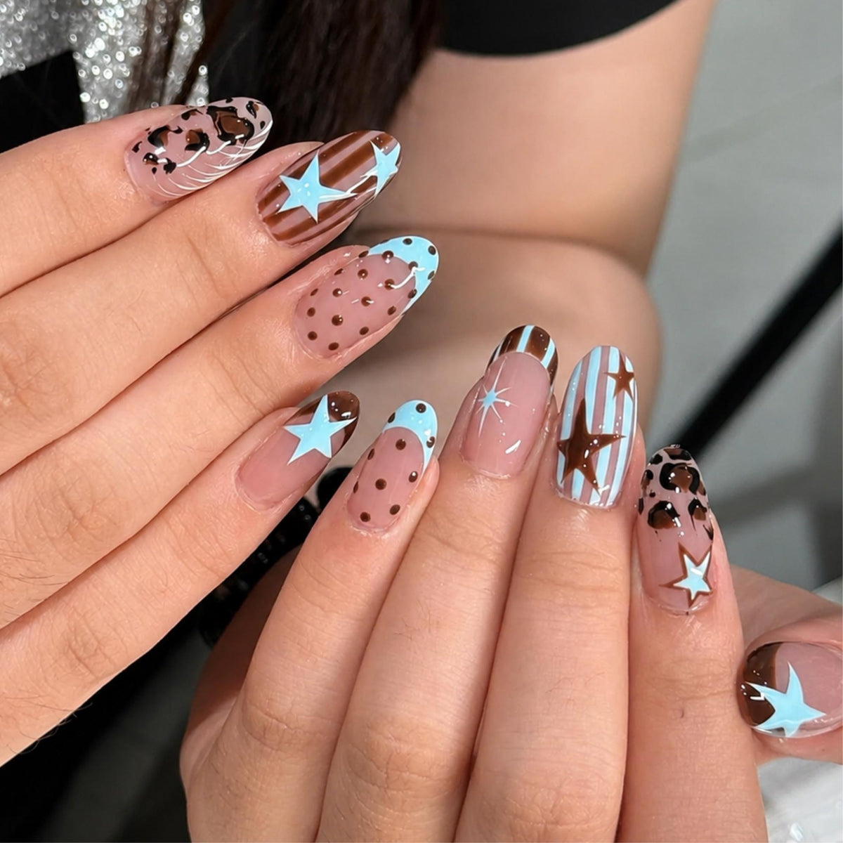 Polka Dot Star Press On Nails, Brown Blue Stripe Nails, Retro Western Chic Nail Set