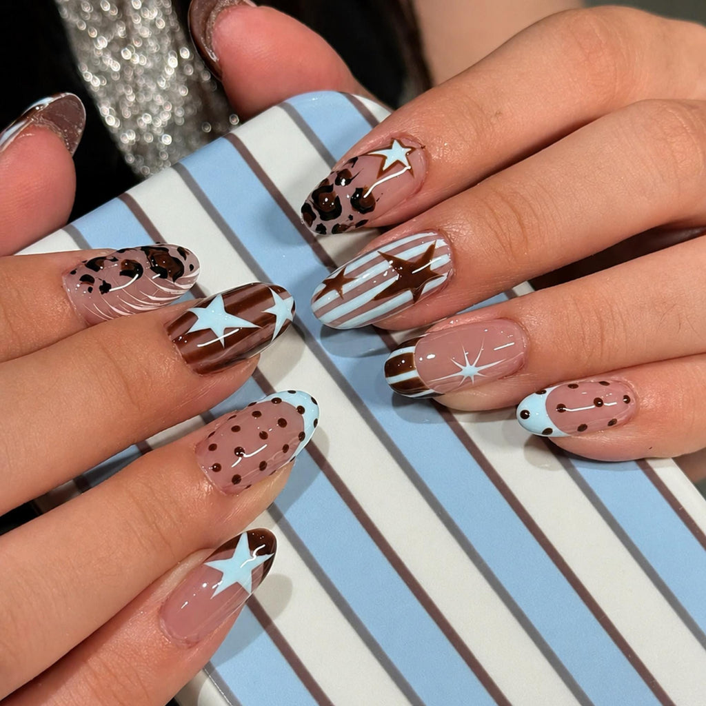 Polka Dot Star Press On Nails, Brown Blue Stripe Nails, Retro Western Chic Nail Set