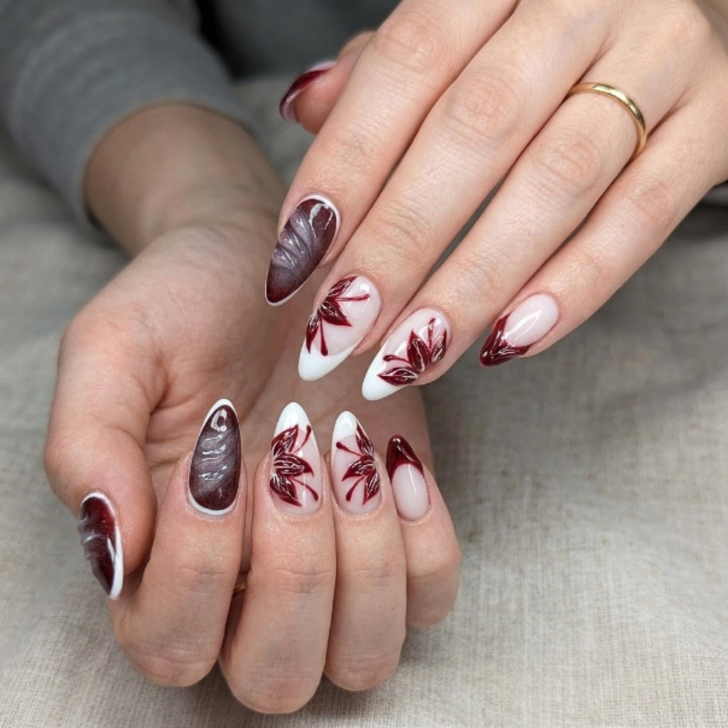 Autumn Press On Nails with Burgundy Leaf Design | Glossy Nude Fall Fake Nails in Almond Shape | Handmade Nail Art for Thanksgiving | JC463UC