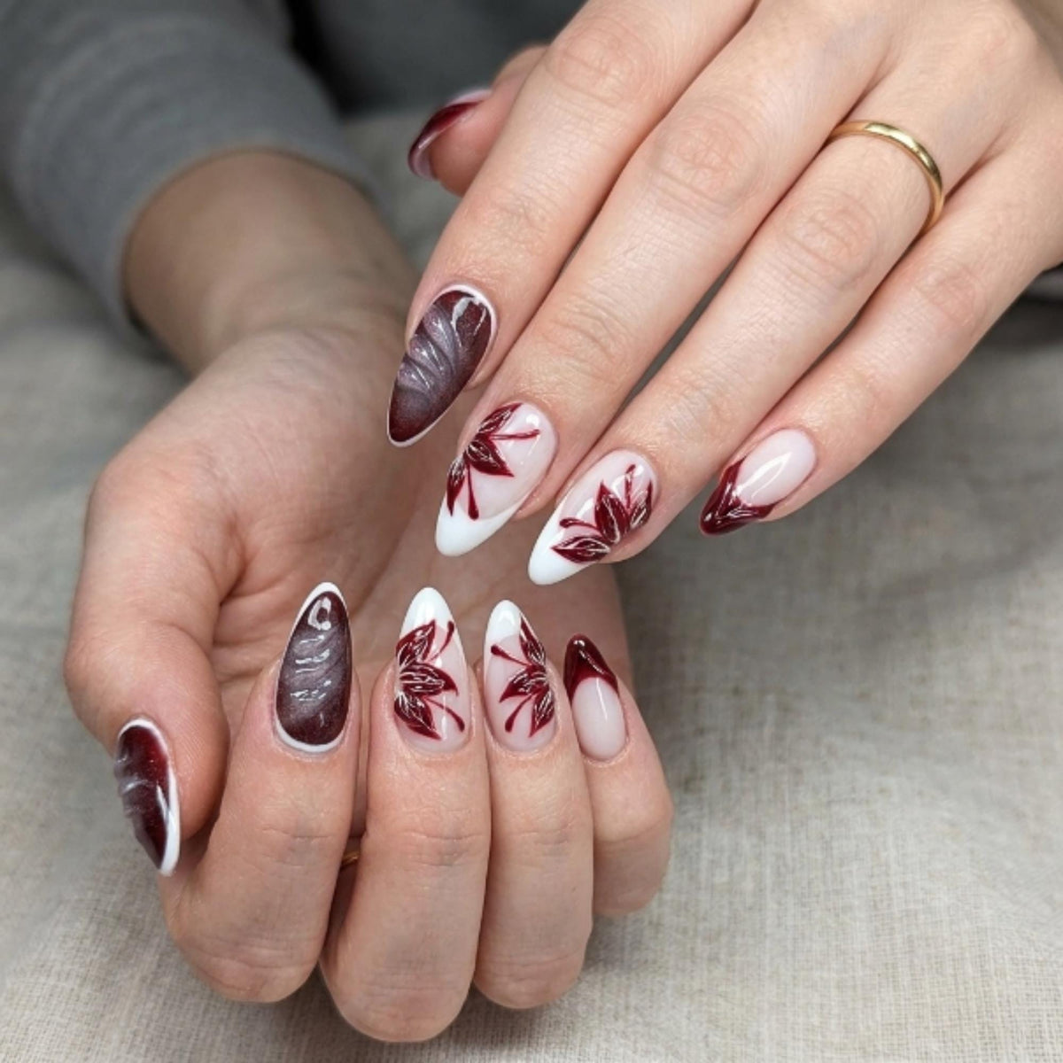 Autumn Press On Nails with Burgundy Leaf Design | Glossy Nude Fall Fake Nails in Almond Shape | Handmade Nail Art for Thanksgiving | JC463UC