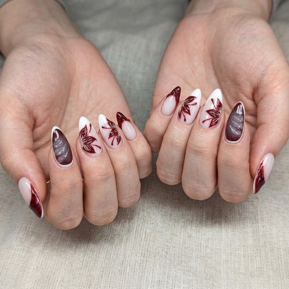 Autumn Press On Nails with Burgundy Leaf Design | Glossy Nude Fall Fake Nails in Almond Shape | Handmade Nail Art for Thanksgiving | JC463UC
