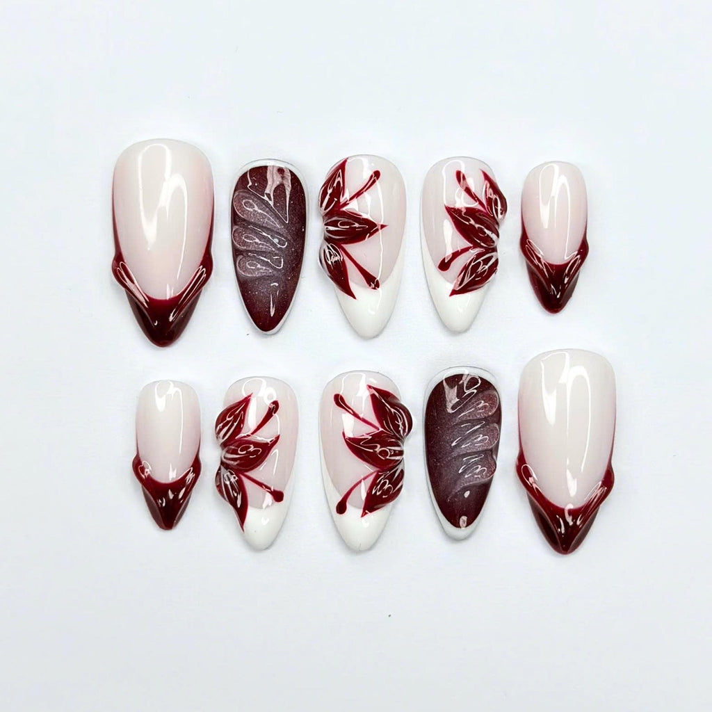 Autumn Press On Nails with Burgundy Leaf Design | Glossy Nude Fall Fake Nails in Almond Shape | Handmade Nail Art for Thanksgiving | JC463UC