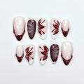 Autumn Press On Nails with Burgundy Leaf Design | Glossy Nude Fall Fake Nails in Almond Shape | Handmade Nail Art for Thanksgiving | JC463UC