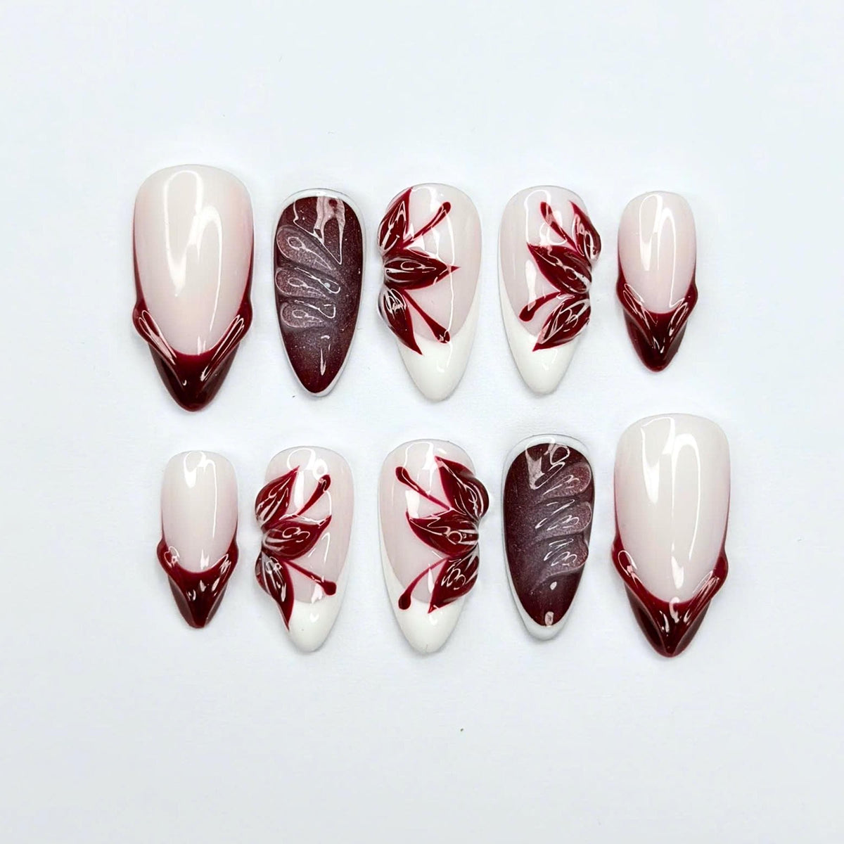 Autumn Press On Nails with Burgundy Leaf Design | Glossy Nude Fall Fake Nails in Almond Shape | Handmade Nail Art for Thanksgiving | JC463UC
