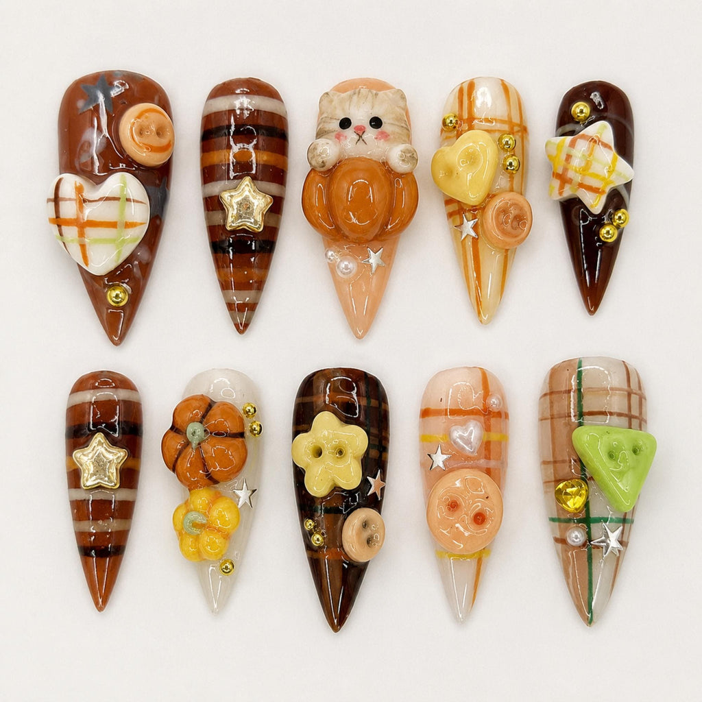 Kawaii Autumn Press On Nails, Brown Cozy Fall Nail Set, 3D Pumpkin Cat Plaid Nails