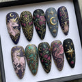 Magic Unicorn Press On Nails | Enchanted Witchy Vibe | Matte Black Almond Nails | Dragon Star Berry Nail | 3D Gold Embossed Art Nail
